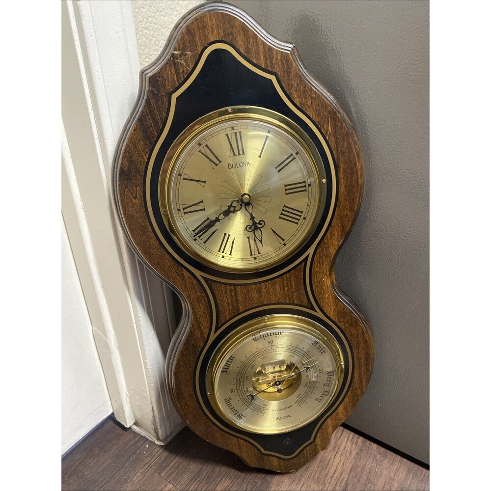 Vintage Bulova Wall Clock Barometer Weather Station Wood Gold Tone